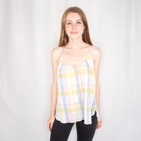 Creatures of Comfort Tops - CREATURES OF COMFORT Cotton Plaid Tank Top Blue